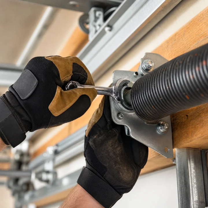 image placeholder A person wearing black and brown gloves uses a wrench to adjust a metal garage door torsion spring mounted on a wooden beam, skillfully demonstrating how professionals work.